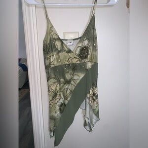 Sparkly asymmetrical green floral tank top